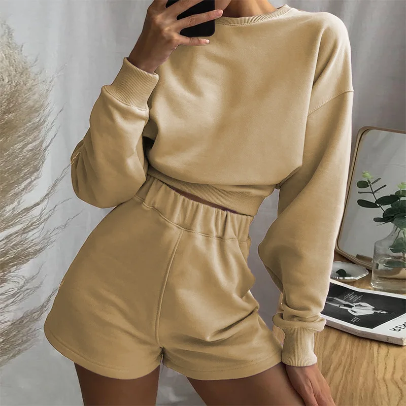

X00451M women new pure color loose waist slimming long sleeve T-shirt shorts casual suit