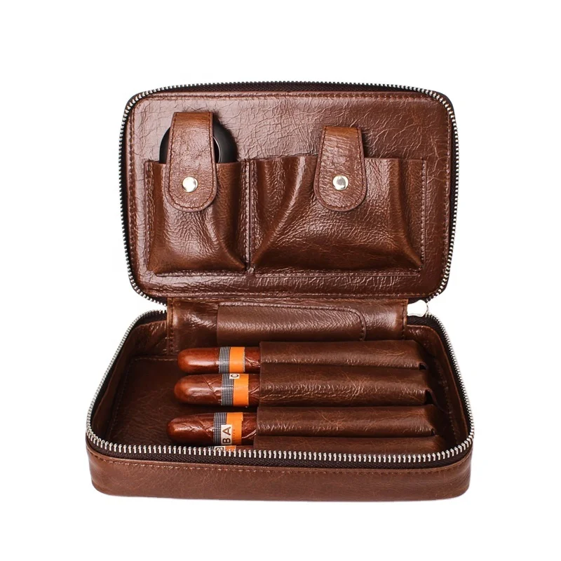 

Custom Logo Genuine Leather Cigar Bag Travelling Storage Smoking Bag Cigar Accessories, Brown