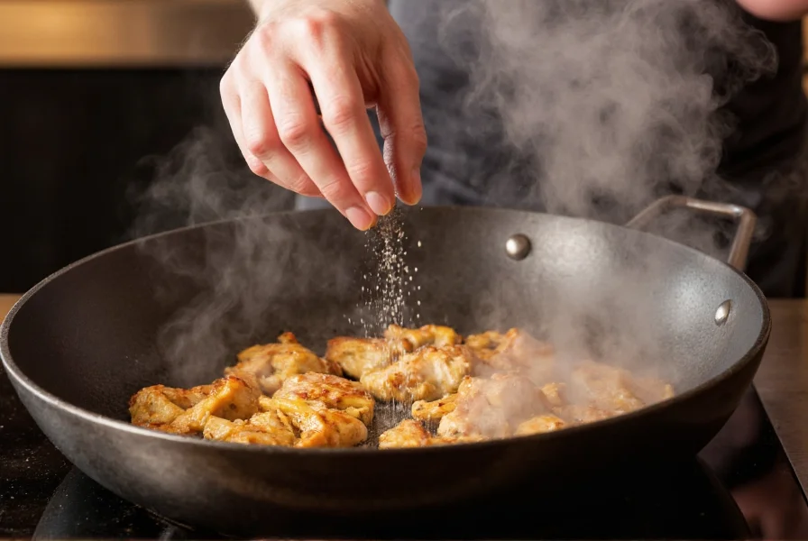 Chef tossing salt and pepper chicken in wok with visible steam and seasoning