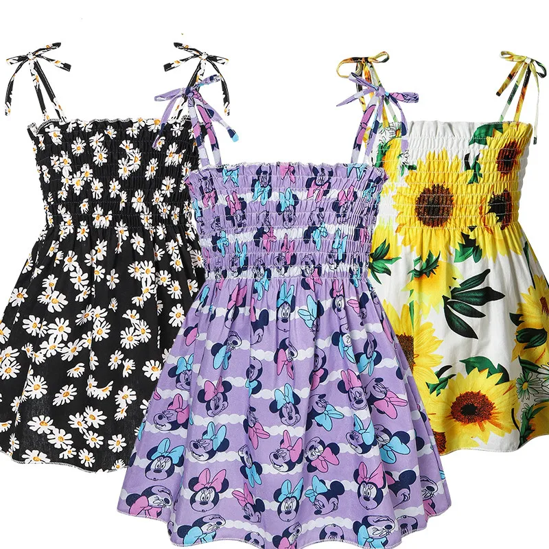

2022 Girls Summer Dresses Kids Clothes Children Sleeveless Cartoon Flower Print Princess Dress Elegant 2-6Year Girl Dress