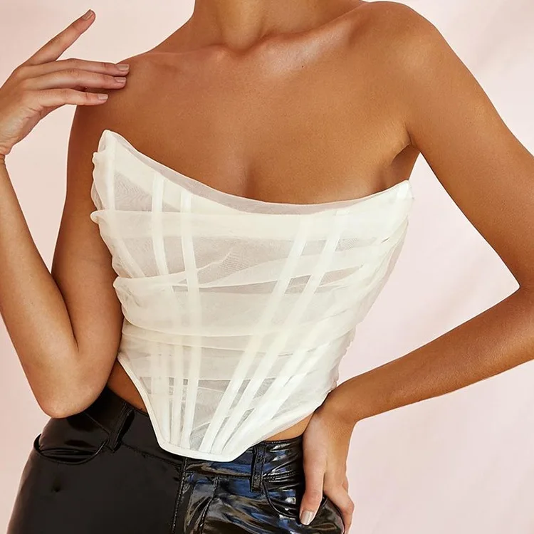 

2021 spring and summer cross border new women's fashion fishbone mesh bra vest women's short top, White