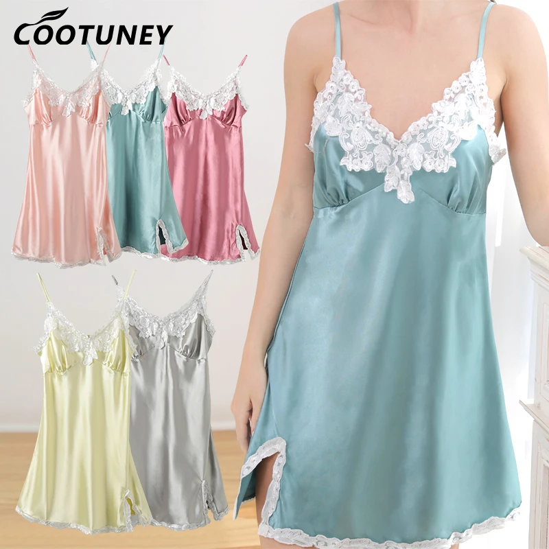 

New Arrival Silk Sleepwear Slip Cami Nightdress Lace Solid Color V Neck Women Sexy Satin Nightgown