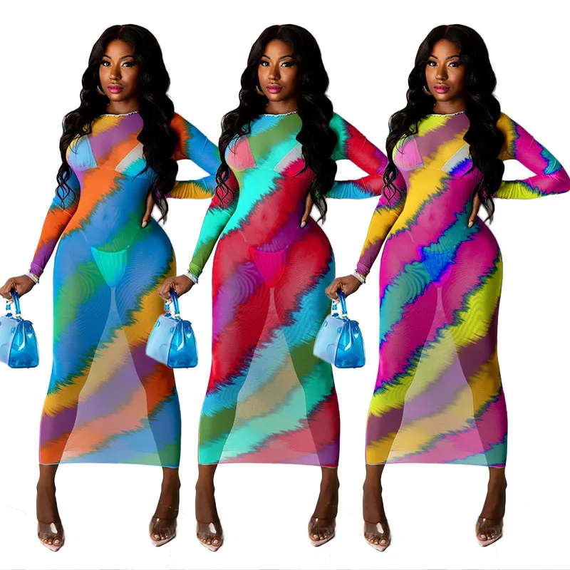 

H6796 - women summer fashion bodycon long sleeve tie dye maxi dress