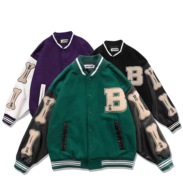 

2021 harajuku designer outdoor winter hip hop high street plain baseball uniform coat streetwear unisex women men jaket bomber, 3 colors