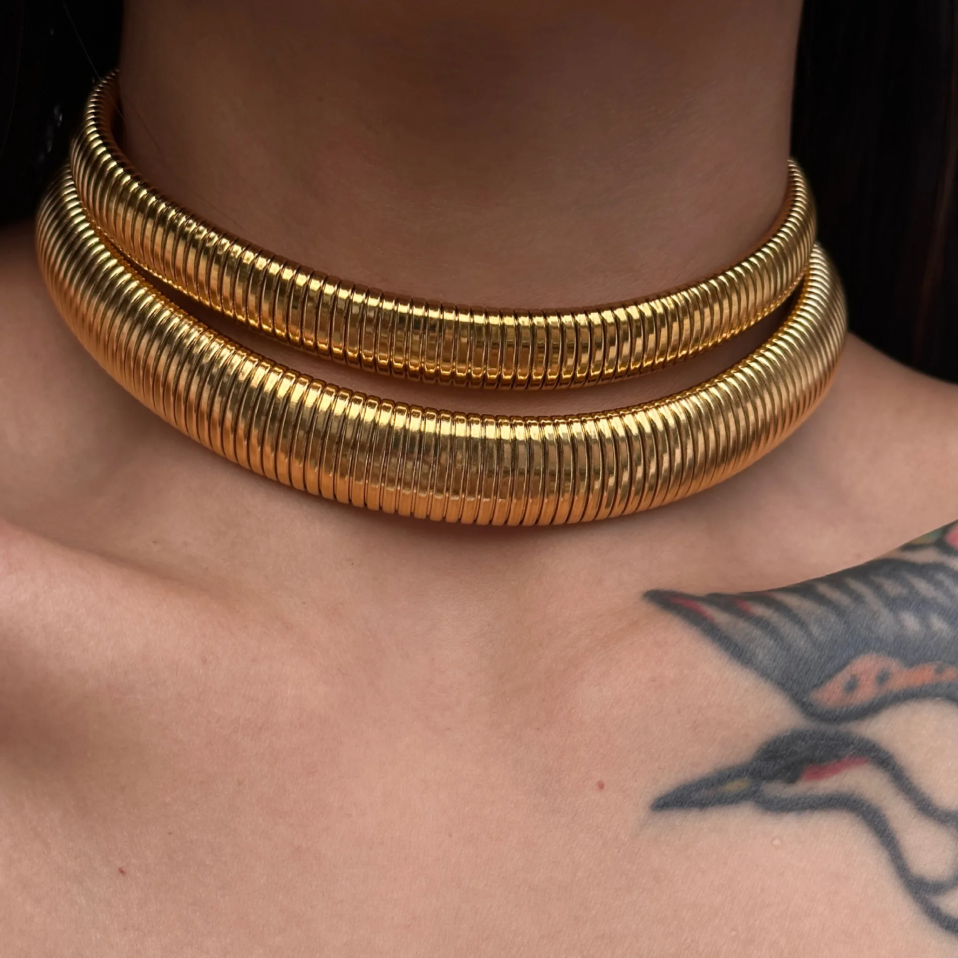 

2023 New 18k Gold Plated Tarnish Free Stainless Steel Vintage Gypsy Silver Stretch Chunky Statement Choker Necklace YF3502