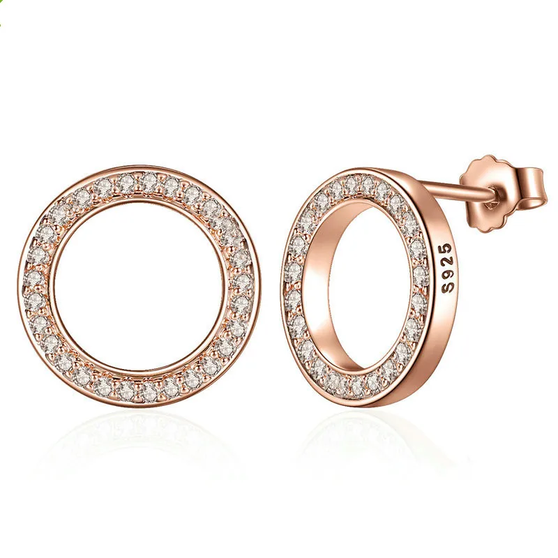 

Simple zircon round silver rose gold plating 925 sterling silver earrings