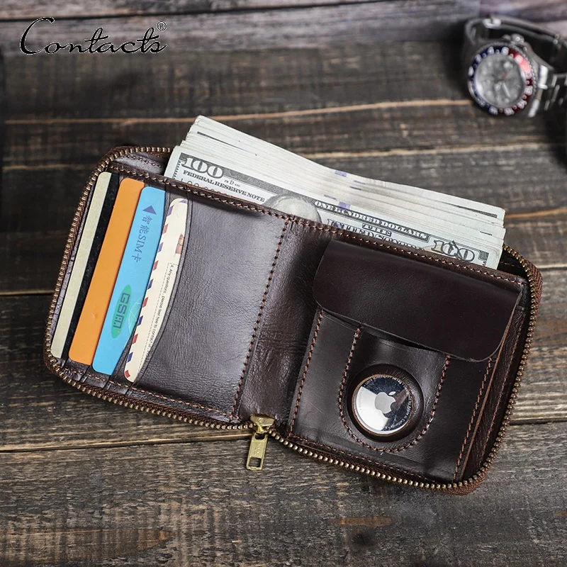 

CONTACT'S Genuine Leather Men Card Holder Wallet Slim Airtag Case Design Small Zipper Around Coin Wallet