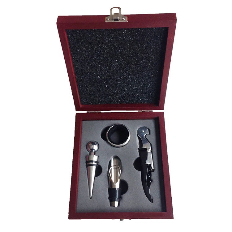 

New Arrivals Products Bar Accessories Stainless Steel Bartender Kit Whiskey Wine Opener Stopper 4 Pcs Wooden Box Gift Set