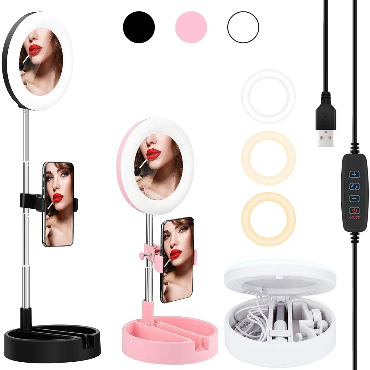 

6 inch mini pink led ring light portable mirror foldable phone holder makeup selfie ring light, Black,white,pink