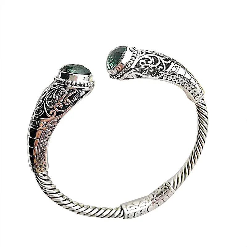 

925 Sterling Silver Bangle Bracelet Custom Natural Emerald Ethnic Green Crystal Jewelry Women Cuff Bracelets Bangles