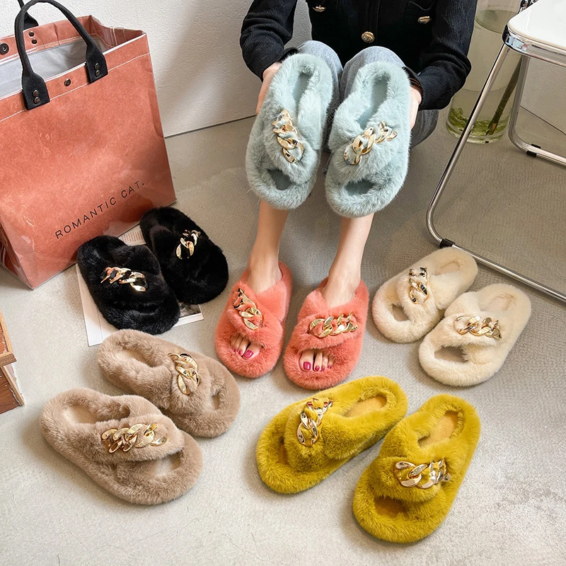 

MMX39 6 Colors Plus Size High Quality Chain Decorated Cross Band Furry Plush Faux Fur Indoor Bedroom House Shoes Slippers, As picture or custom