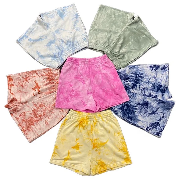 

2021 Summer new design streetwear cotton fleece terry women comfy tie dye shorts for gym workout tie dye jogging shorts