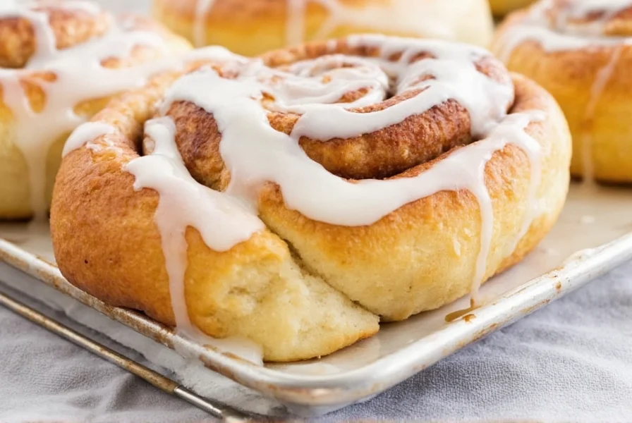 Perfectly golden brown cinnamon rolls fresh from oven on baking sheet with thermometer showing 190 degrees