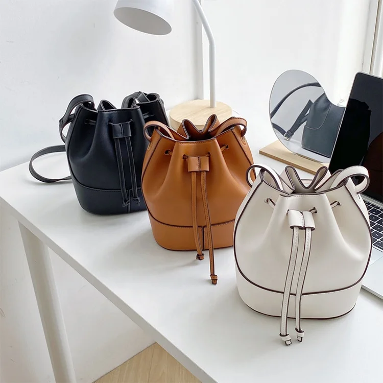 

Drawstring Bucket Bag Fashionable PU Leather Shoulder Bag Almighty With Lining Women Casual Messenger Bag, White, black, brown