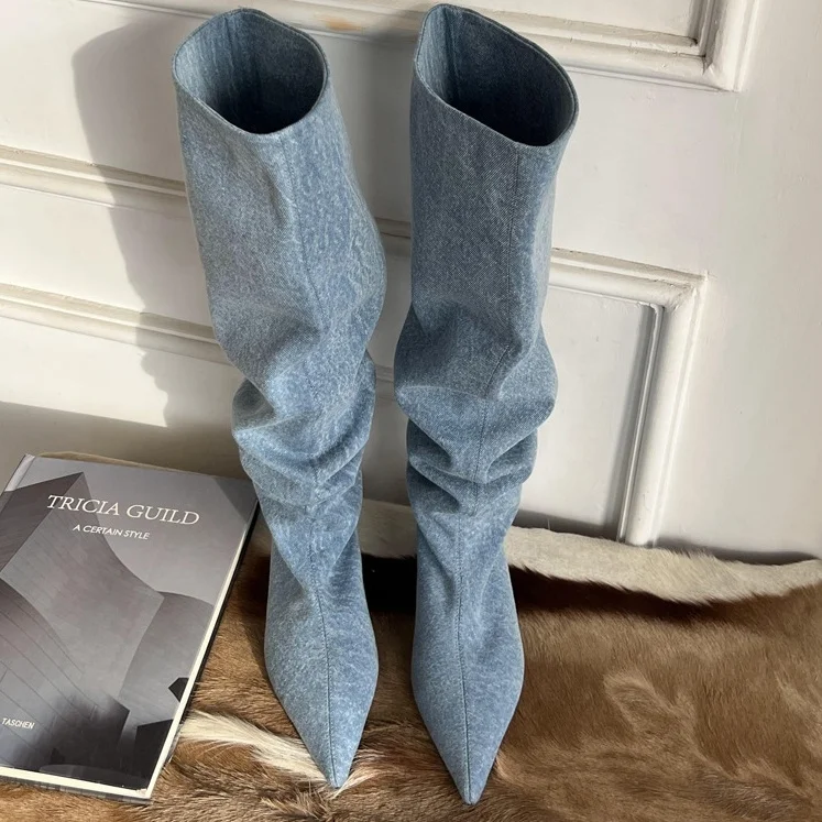 

Dropshipping Custom Logo Denim Cowgirls Boots High Heels Women Shoes Western Boots