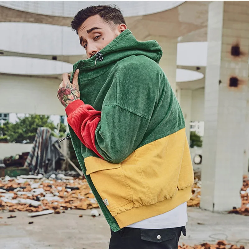 Autumn Color Block Patchwork Corduroy Hooded Jackets Male Casual Streetwear Outerwear