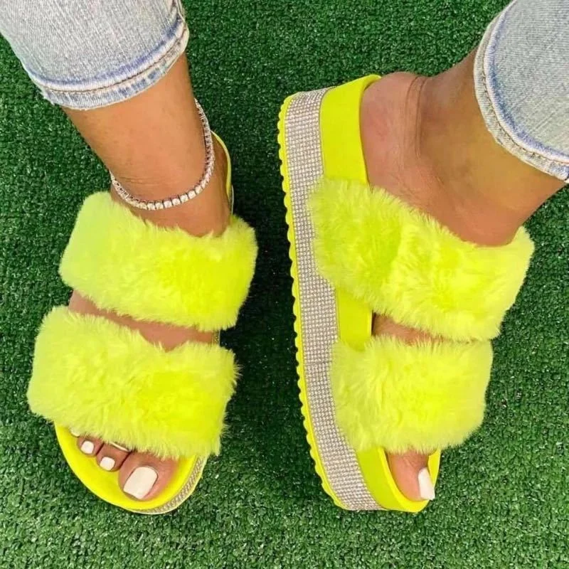

2021 New Fur Slides Slippers For Woman Hotel House Cute Sandals Women Winter Warm Furry Slides Wedge Fuzzy Slippers Footwear, Black, yellow, white, hot pink