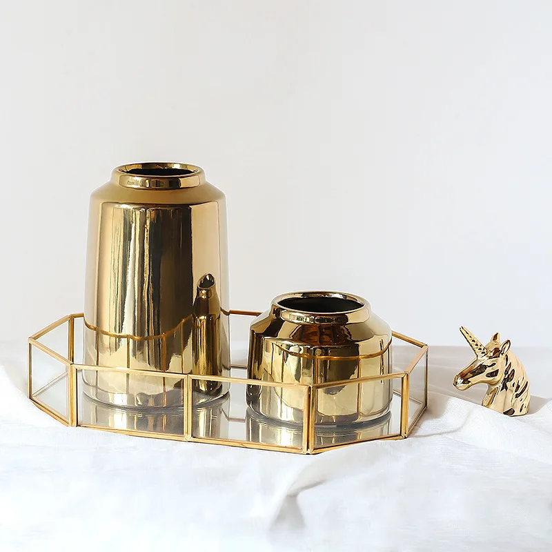 

Nordic style vase flower ware brass gold ceramic semi-handmade decoration soft decoration sample room electroplating decoration