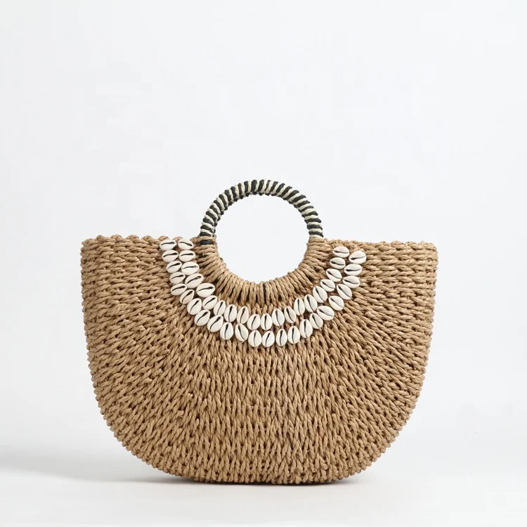 

New fashion ethnic style straw summer beach women bag Sector pattern shell weave handbag, Khaki