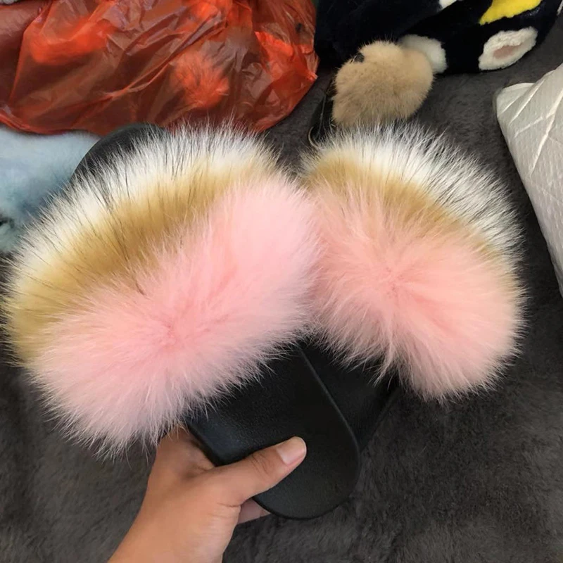 
China manufacture High Quality Furry Women raccoon fur slipper Slippers rainbow sandals fur slides 