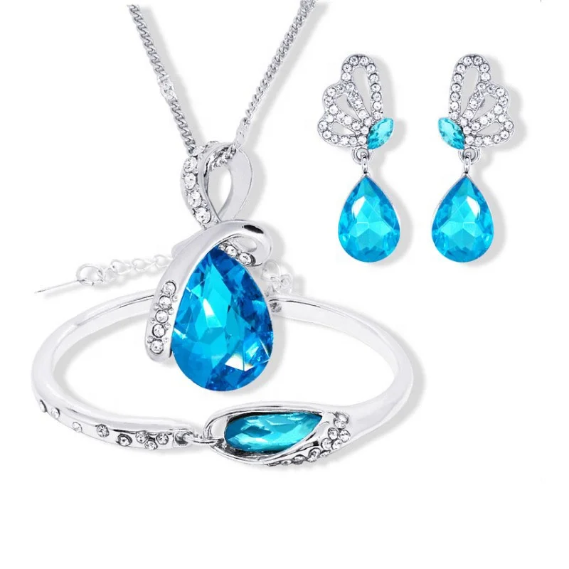 Water Drop Pendant Necklace Stud Earring Bracelet Statement Jewelry Set
