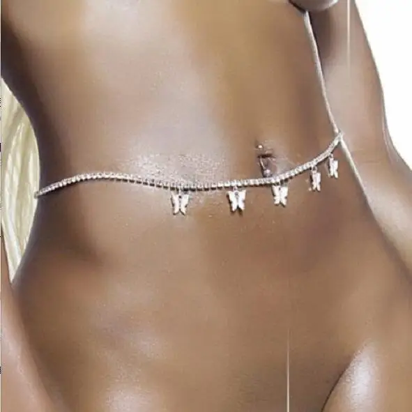 

Wholesale Rhinestone Butterfly Waist Chain Belly Chain Women Summer Beach Bikini body chain, Silver and gold