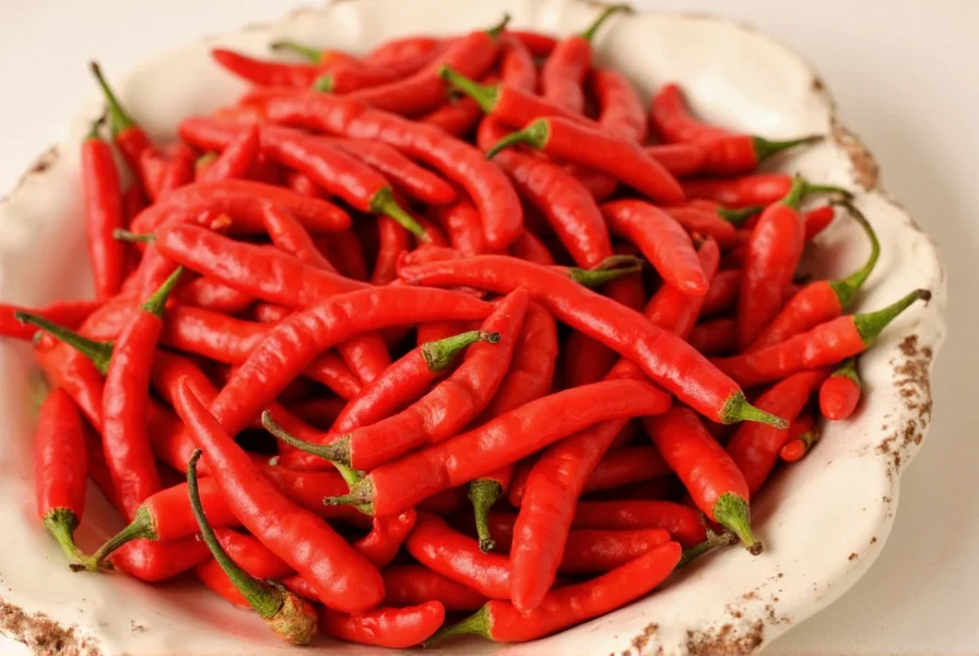 Close-up view of dried cayenne peppers showing their slender shape, vibrant red color, and characteristic pointed tips arranged on a wooden cutting board