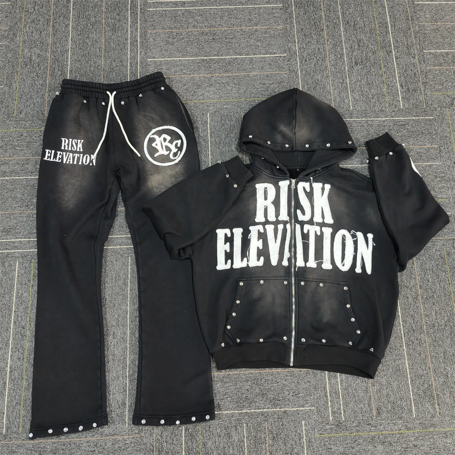 Y2K Flare Sweatpants Hoodie Set Rhinestone Detail