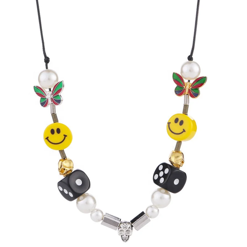 

Asap Rocky Same style Hip hop personality dice Butterfly Skull smiley pearl necklace wholesale, As pictures