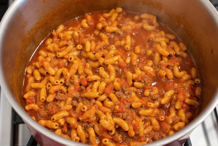 One-pot chili mac recipe with ground beef, elbow macaroni, and tomato sauce simmering on stove