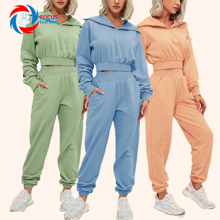 

yiwu kerui work out clothing women Zipper wide neck sweatsuit set fall 2 piece tracksuit for ladies, Customized color