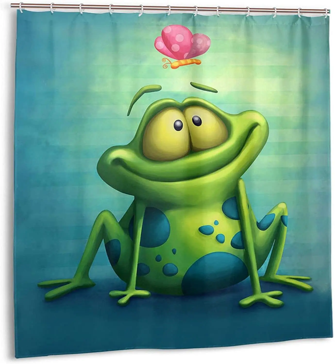 

Smile Frog Shower Curtain The Green Frog Squatted On The Ground and Looked at The Pink Butterfly Tenderly Decoration