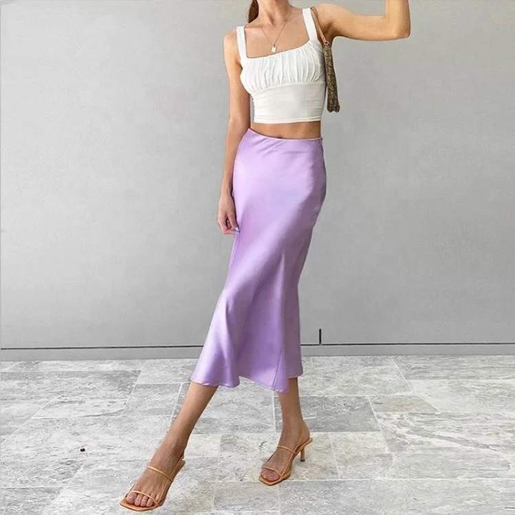 

2021 Milk Fiber High Waisted Light Purple Women's Midi Skirts