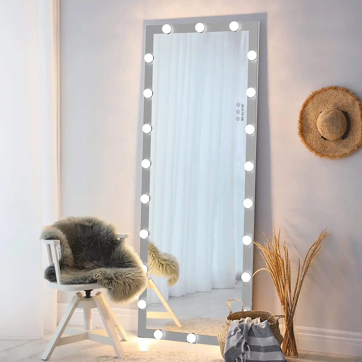 

LED Bulbs Full Length Dressing Mirror Hollywood Style Large Rectangle Bedroom Living Room Floor Mirrors with Touch Button, Silver,black