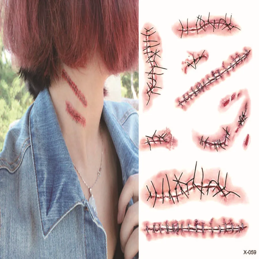 

Tattoo Sticker Halloween Terror Wound Realistic Blood Injury Scar Pattern Waterproof Temporary Tattoo Stickers, As picture