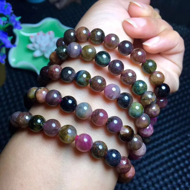 

Wholesale natural crystal 7-7.8mm beads color tourmaline bracelet, Colorful
