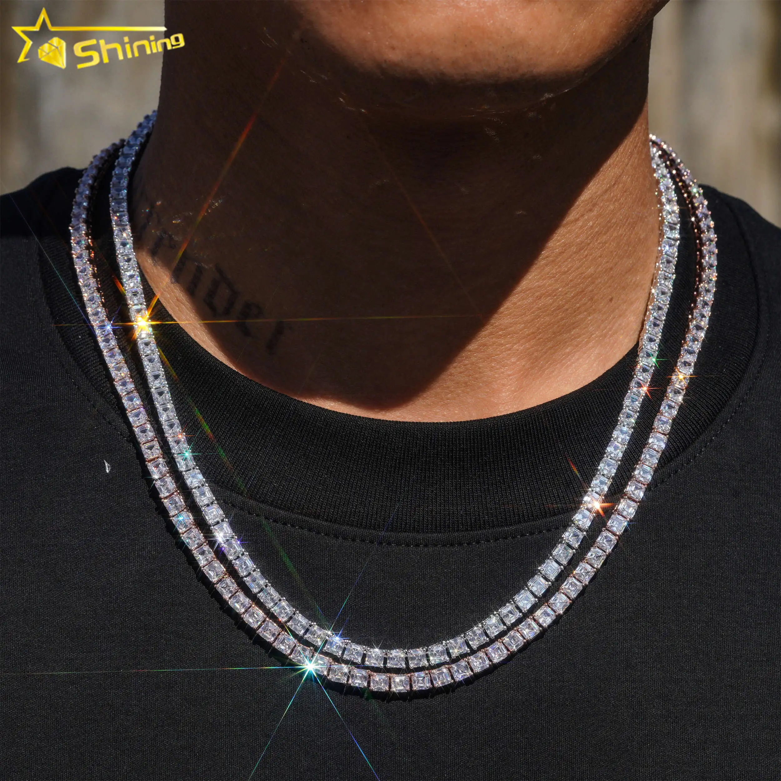 

Luxury bling bling 925 sterling silver hip hop necklace 4mm asscher cut diamond tennis chain moissanite tennis necklace