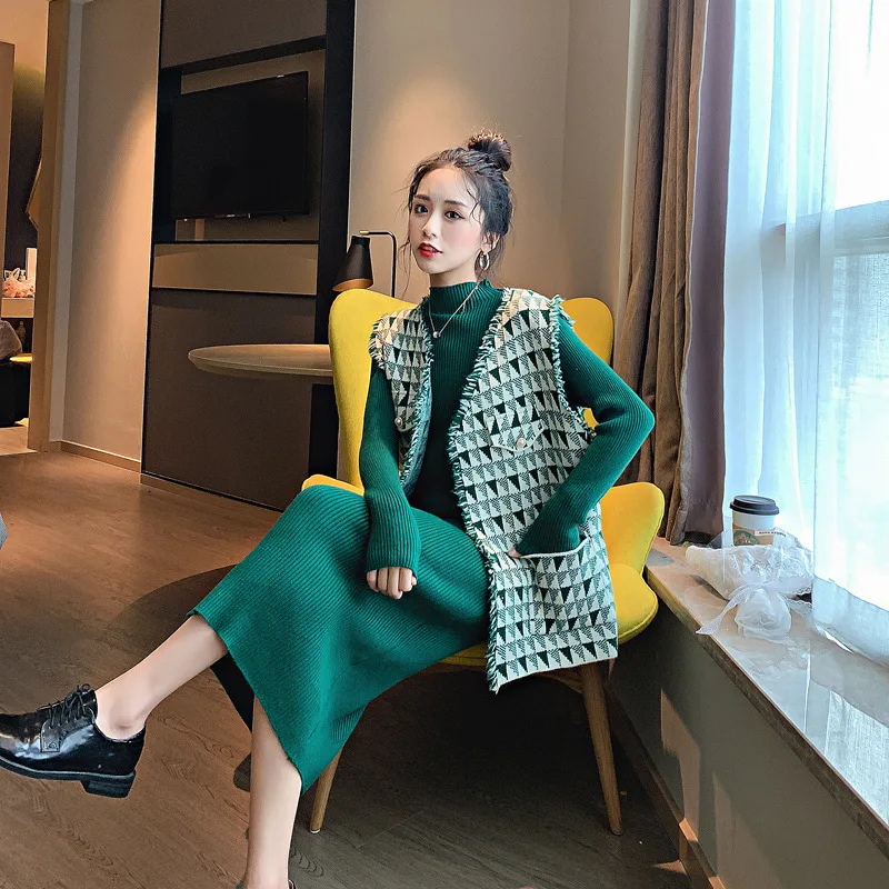 New Arrival office lady slim fit high neck long sweater dress and tassel loose coat twin set