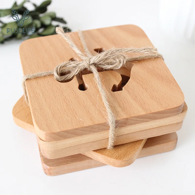 

Hollow beech wood coffee cup coaster, Original wood color