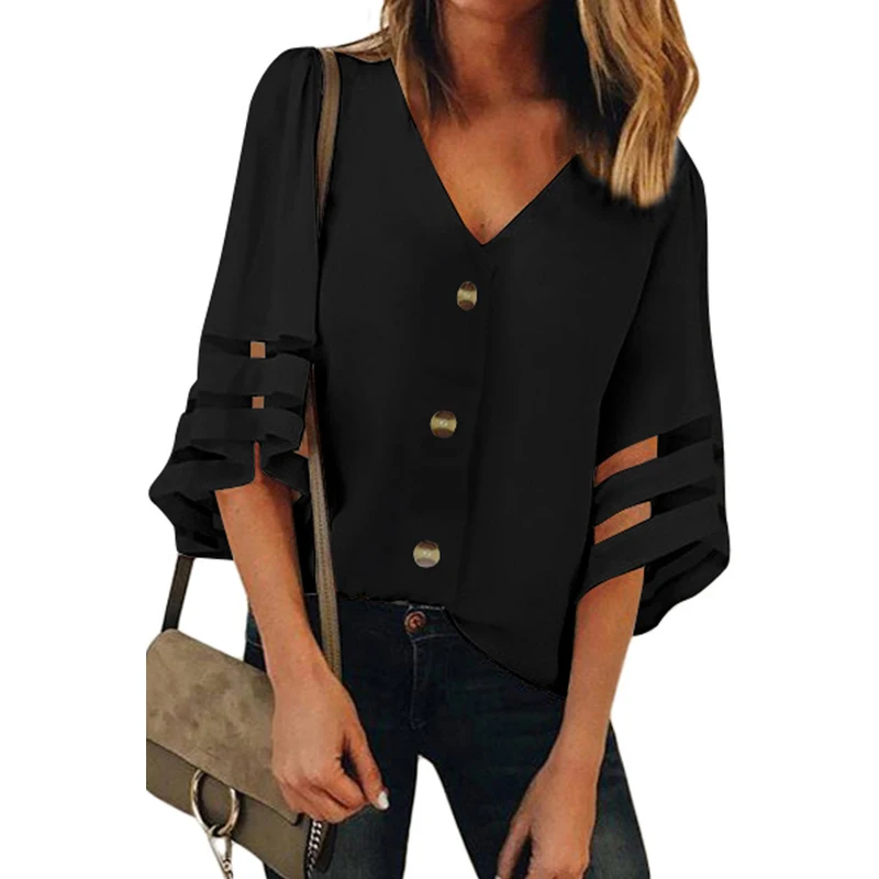 

Wholesale Summer Women Casual Half Flare Sleeve V Neck Button Down Blouse