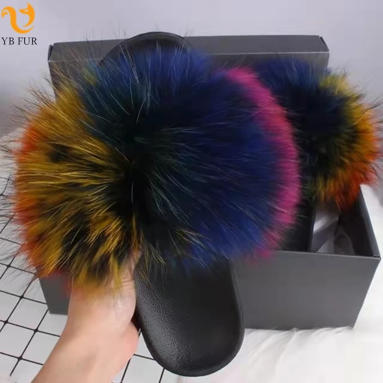 

High Quality Wholesale Slider Fluffy Outdoor big Furry Raccoon Fur Slippers Real Soft Fur Slides for Women, Customized color