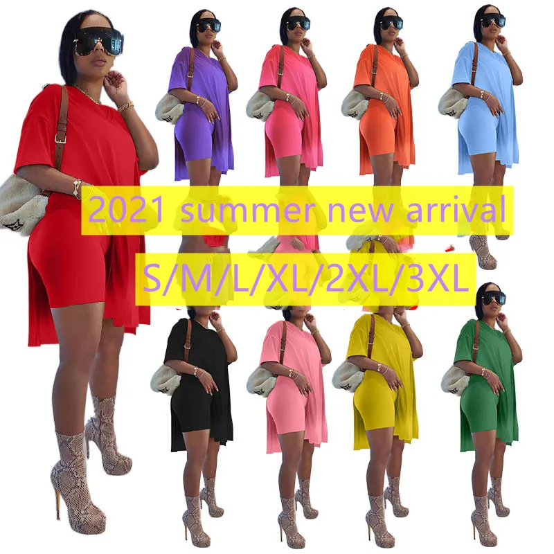 

Overstock Women Casual Summer Outfits Short Sleeve 2 Piece Set COTTON Plain Split T Shirt Set Women Casual Loungewear Women Sets