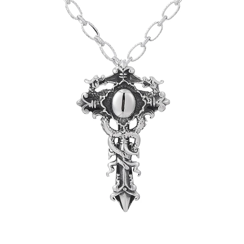 

304 titanium steel retro cast double dragon sword pendant necklace, Picture shows