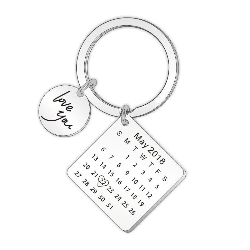 

Stainless Steel Custom Calendar Key Chain with Engraved Personalized Heart Date Birthday Wedding Anniversary Gift Key Rings