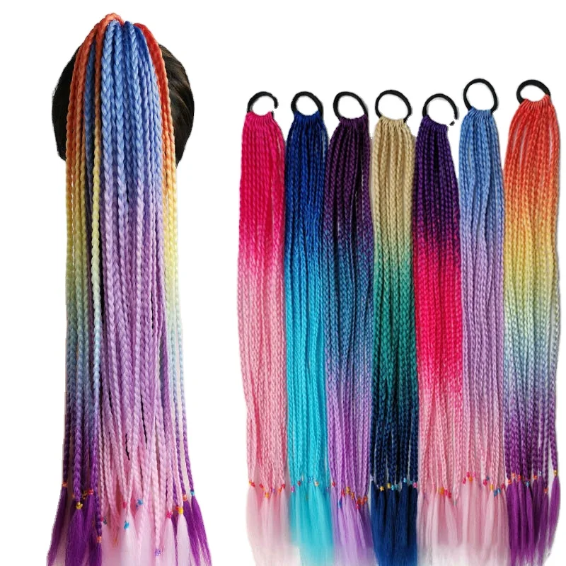 

60cm Hair Color Gradient Dirty Braided Ponytails Wigs Women Elastic Hair Band Rubber Band Hair Accessories Wig Headband