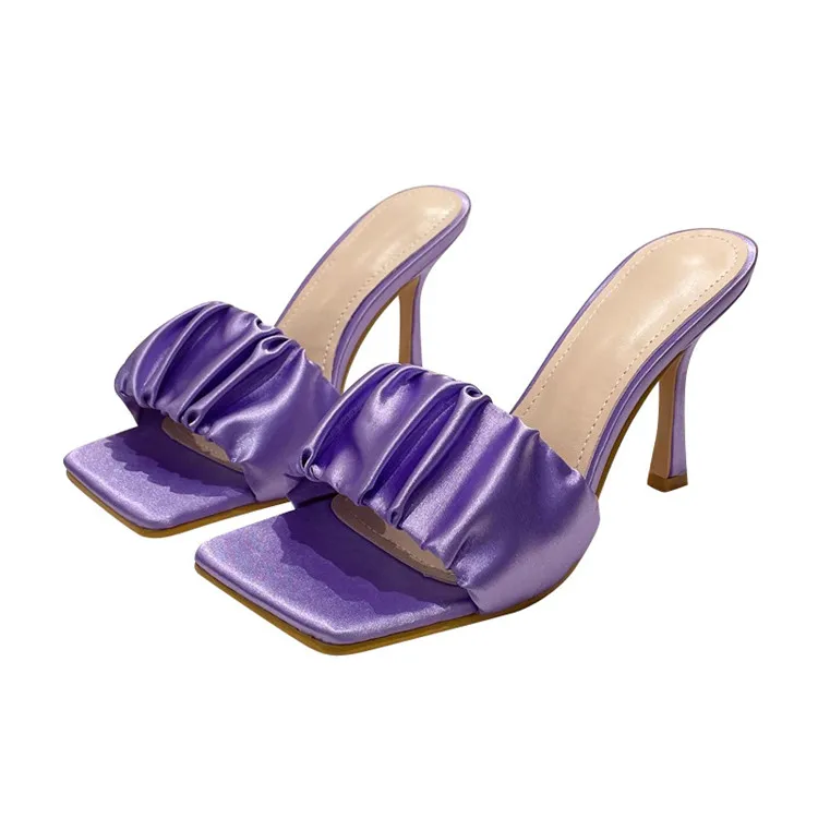 

2021 stylish female satin elegant square open toe party clubwear high heels slippers sandals comfort shoes for women ladies