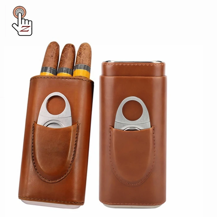 

New design custom logo 3 finger portable travel premium leather cigar case set with Cutter gift box