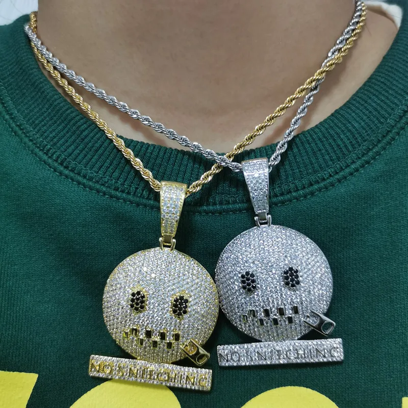 

New 18K Gold Plated Cartoon Emojis Zipper Shut Up Funny Pendant Cuban Chain Necklace Trendy Hip Hop Jewelry