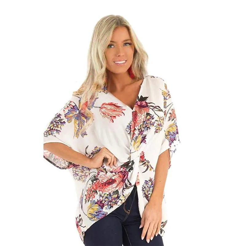

Womens Fashion Summer Street Style Blouse Ladies Floral Print Shirt V Nect Collar Batwing Sleeve Shirt, 5 colors