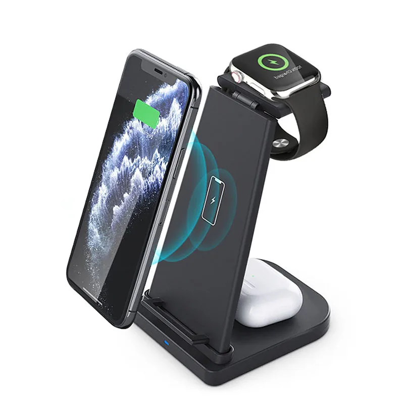 

2021 NEW 3 in 1 Foldable Fast Charging Station 15W Qi Wireless Charger Mobile Phone Holder Stand, Black / white
